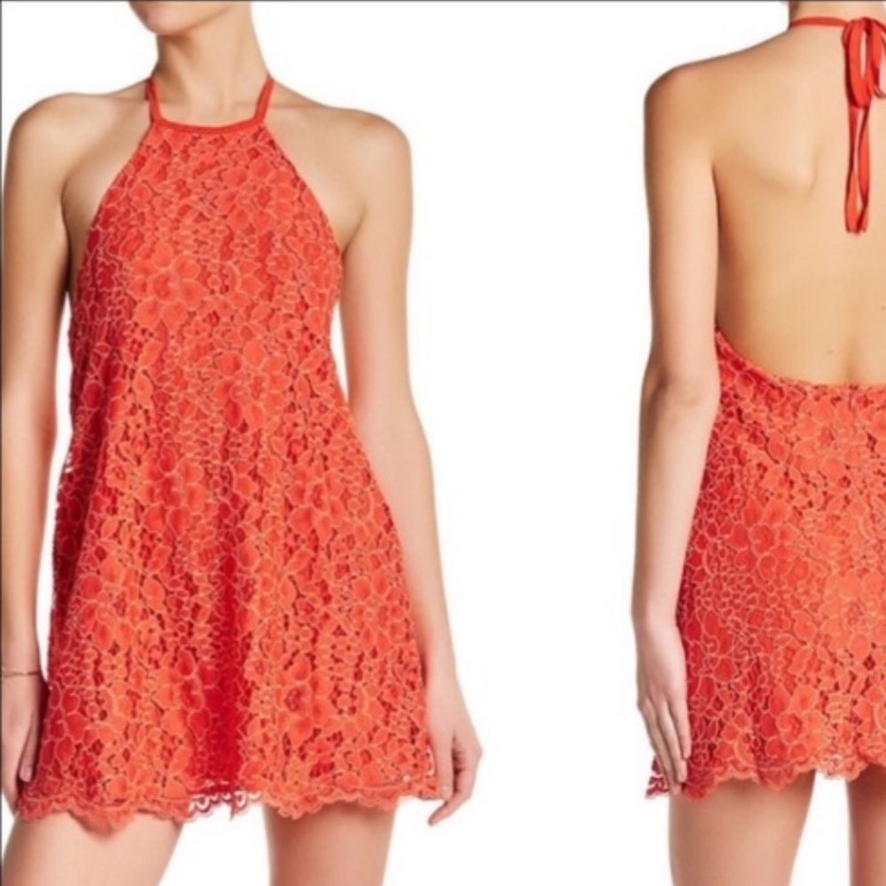NBD‎ Orange Floral Lace Halter Dress J9